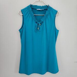 Med Susan Graver Sleeveless Top Smocked Neckline Beaded Tie Detail liquid knit